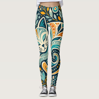 Leggings Bohème Chat et Motif Floral