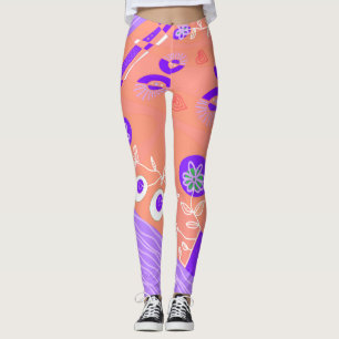 Leggings Bohème Chintz Illustration Corail violet blanc