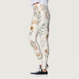 Leggings Bohème Neutre Arc-en-Ciel Motif Botanique