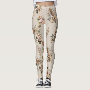 Leggings Boho Beige Floral Botanique Rose Vert Fleurs
