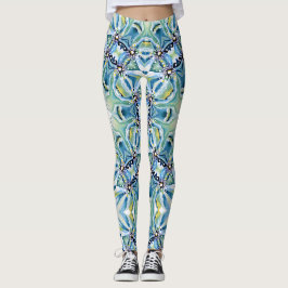 Leggings Boho Floral Abstrait Motif Artistique bleu vert