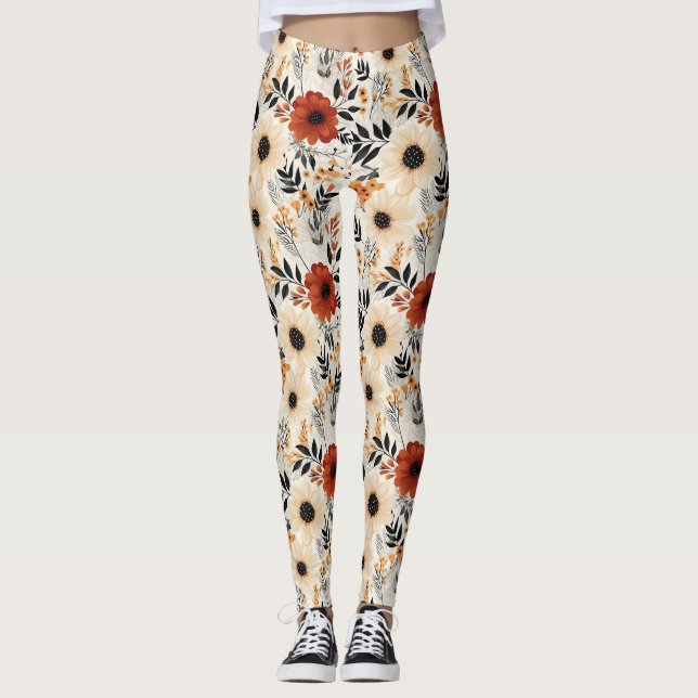 Leggings Boho Floral Cute Black Orange Blue Creme (Devant)