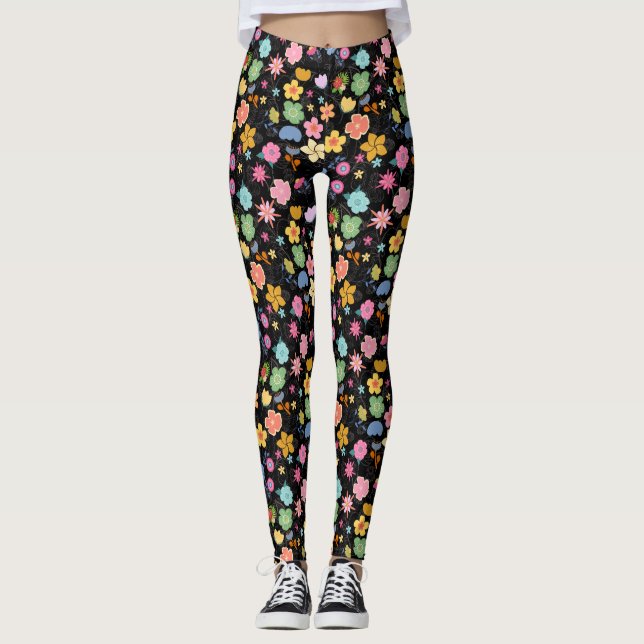 Leggings Boho Flowers Motif B01.b Black BG (Devant)