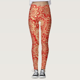 Leggings Boho rouge et or Mandala Motif Yoga