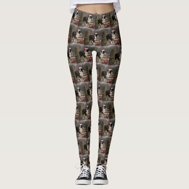 Leggings Bordure Collie Chien dans neige Noël (Devant)