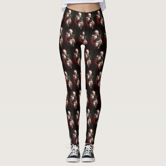 Leggings Boston Terrier avec Noël Festif du Père Noël (Devant)