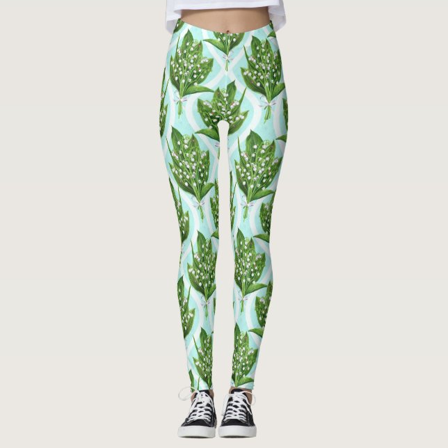 Leggings Bouquet de lis de la vallée fleurs sur le bleu (Devant)