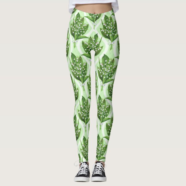 Leggings Bouquet de lys de la vallée fleurs sur vert (Devant)