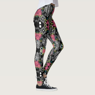Leggings Bouquets de fleurs roses sur une géométrie