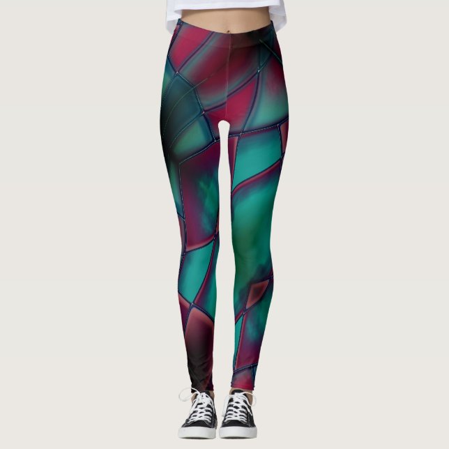 Leggings Bourgogne et cyan fort en état trapézoïdal (Devant)