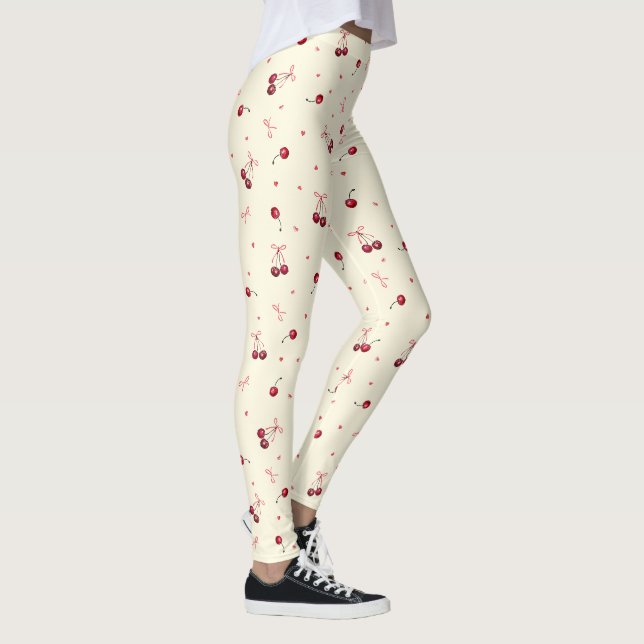 Leggings Bows et cerises roses mignonnes à la crème (Droite)