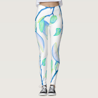 Leggings Branche de magnolia à l'aquarelle bleu-vert botani