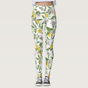 Leggings Branches de citron avec fleurs et fruits sur blanc