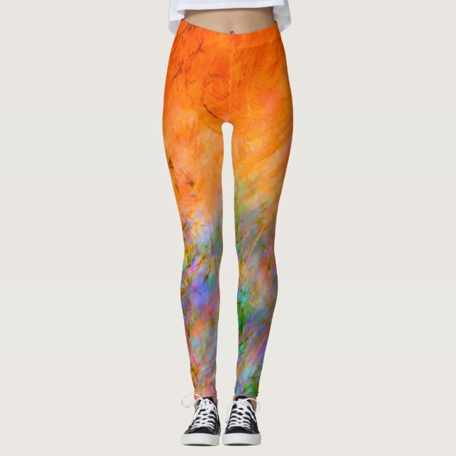 Leggings Bright Orange avec vert, bleu et violet peint (Devant)