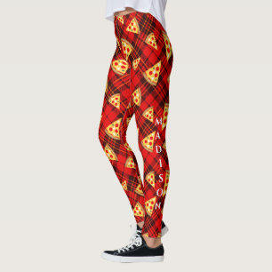Leggings Bright Red Christmas tartan Pizza motif avec texte