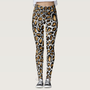 Leggings Bronze métallique et taches de léopard noir sur bl