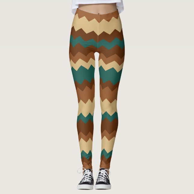 Leggings Brown et vert automne Zigzag Stripe (Devant)