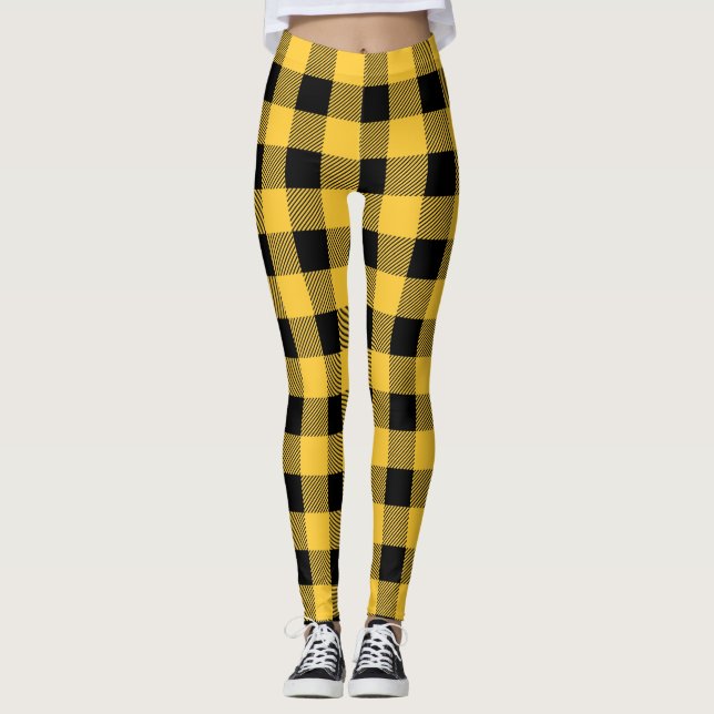 Leggings Buffle noir et jaune rustique plaid moderne (Devant)