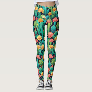 Leggings Cactus néon brillant et succulents Floral Noir
