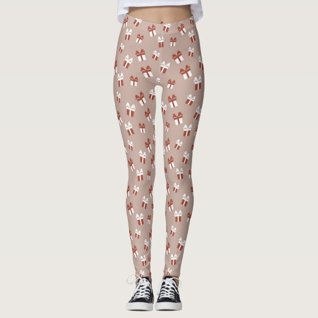 Leggings Cadeaux de Noël Brown et blanc Motif (Devant)