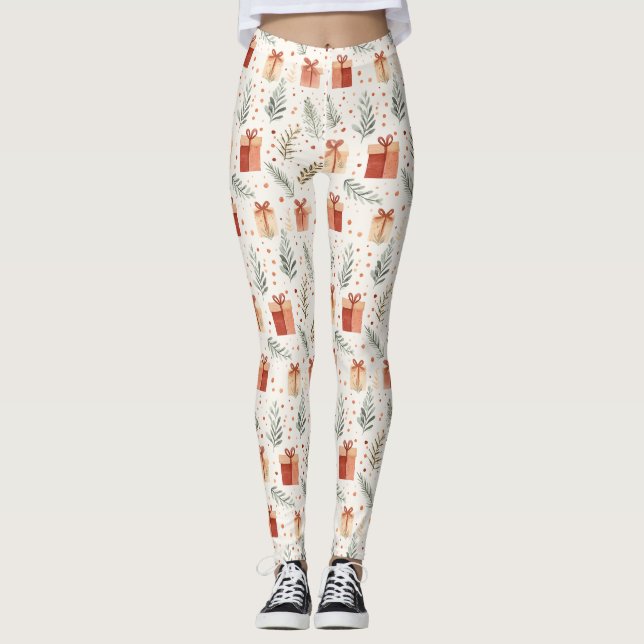 Leggings Cadeaux de Noël, Pois et botaniques (Devant)