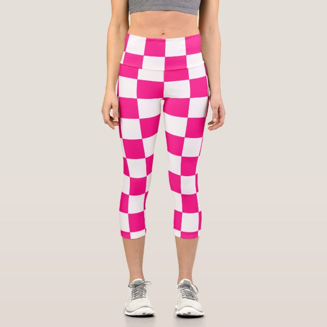 Leggings Capri à damiers carré chaud rose blanc rétro géométrique (Recto)
