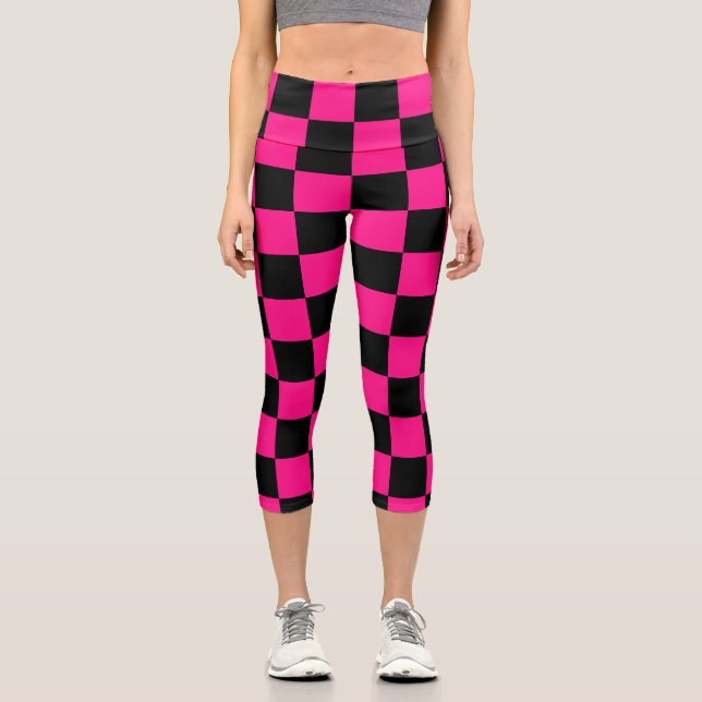 Leggings Capri à damiers carré rose chaud noir rétro géométrique (Recto)