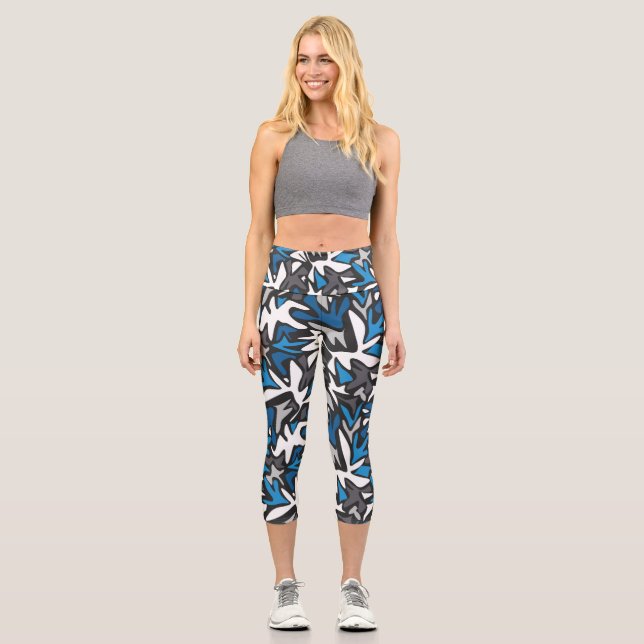 Leggings Capri abstrait, géométrique, motif, noir et bleu (Recto)