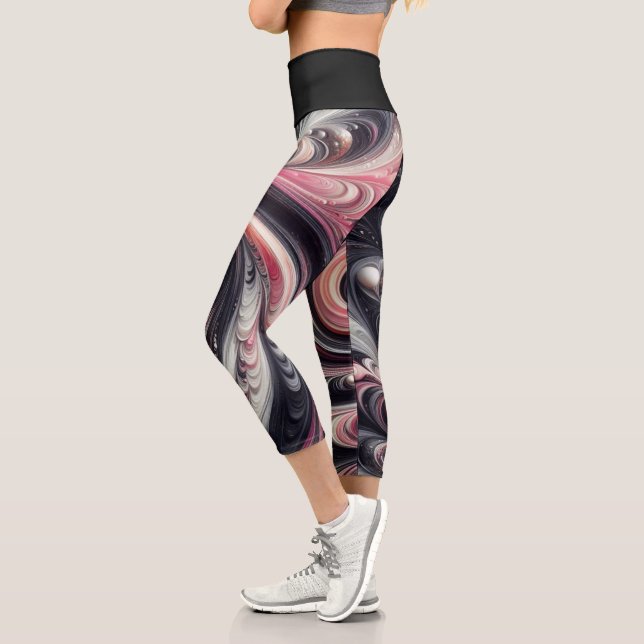 Leggings Capri Abstrait moderne de tournage rose, noir et blanc (Gauche)