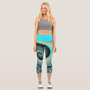 Leggings Capri Abstraite spirale d'art fractal bleu turquoise ora