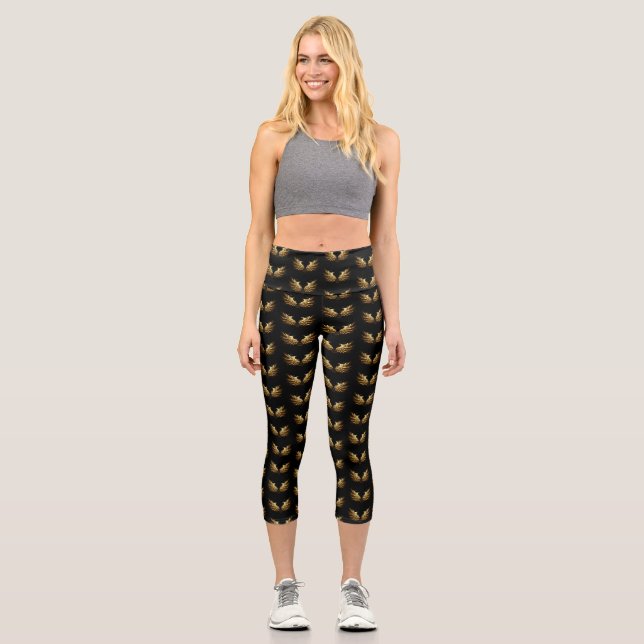 Leggings Capri Ailes d'Ange d'or sur arrière - plan noir (Recto)