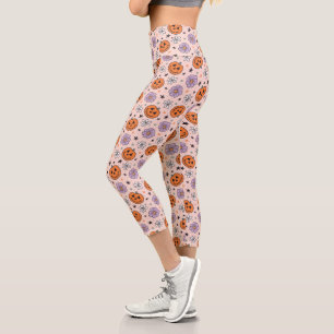 Leggings Capri Amusants Citrouilles d'Halloween et Fleurs Motif