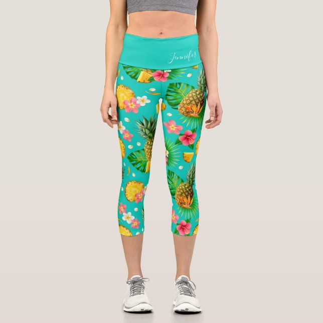 Leggings Capri Ananas tropical Floral Nom personnalisé (Recto)