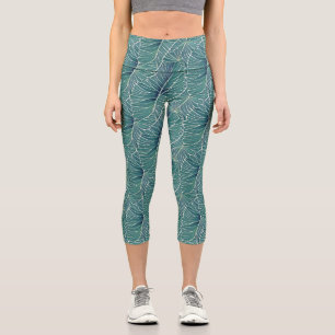 Leggings Capri Aquarelle Bleu Vert Turquoise Tropical Feuille Mot