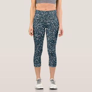 Leggings Capri Aquarelle botanique gris bleu feuilles sur bleu fo