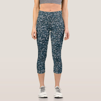 Leggings Capri Aquarelle botanique gris bleu feuilles sur bleu fo