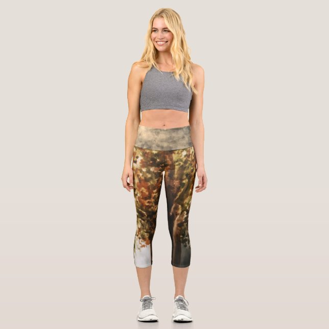 Leggings Capri Aquarelle d'or illustration de l'arbre botanique (Recto)