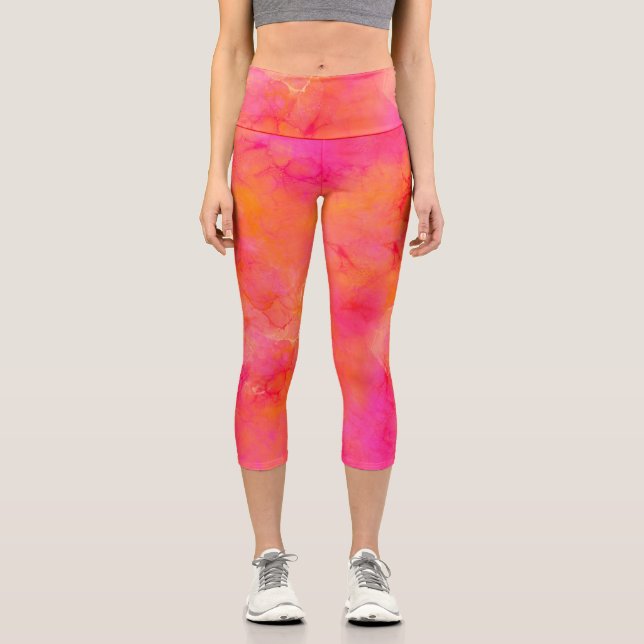 Leggings Capri Aquarelle encre Abstraite Art rose orange (Recto)