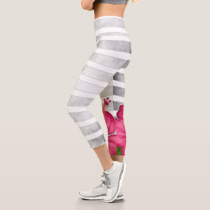 Leggings Capri Aquarelle Fleur rose dans une bande noire et blanc