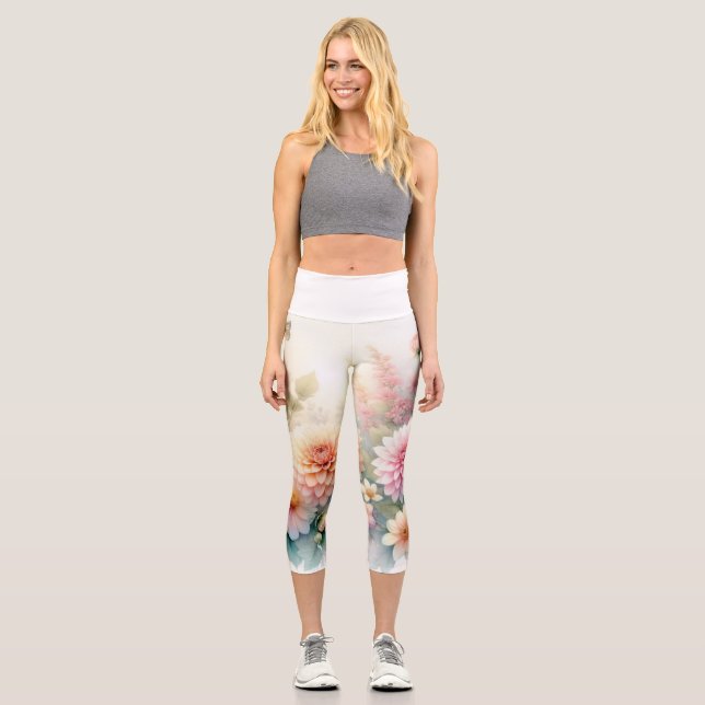 Leggings Capri Aquarelle Fleurs et coquillages sur la plage (Recto)