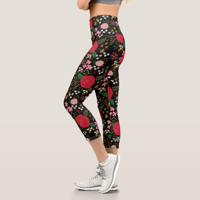 Leggings Capri Aquarelle Floral rose Roses rouges Motif noir (Gauche)
