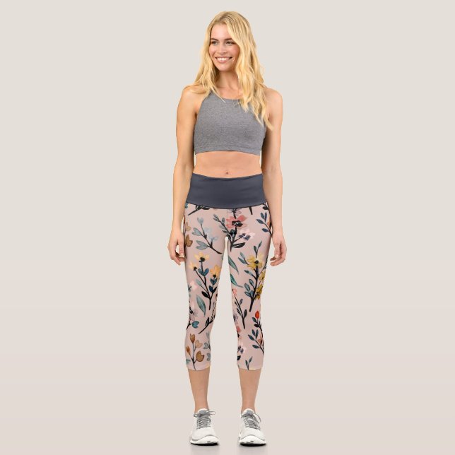 Leggings Capri Aquarelle florale Boho Rose poussiéreux (Recto)