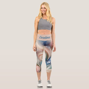 Leggings Capri Aquarelle Imaginaire Floral Pastel Bleu & Crème