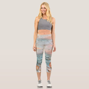 Leggings Capri Aquarelle Mer Tranquille Pêche et Orange Coquillag