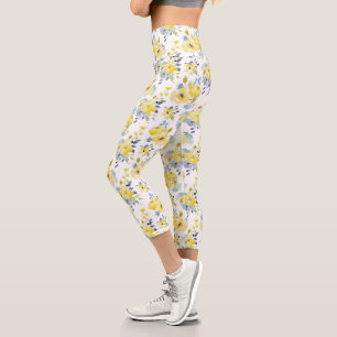 Leggings Capri Aquarelle Motif Floral Jaune
