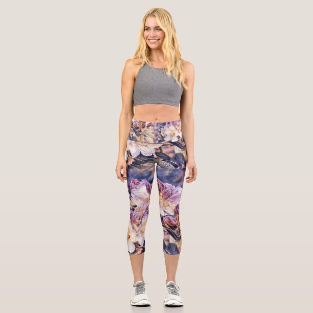 Leggings Capri Aquarelle peinte d'une fleur d'azée violette (Recto)