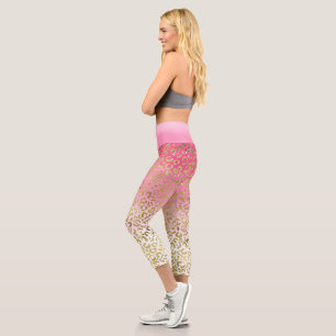 Leggings Capri Aquarelle rose blanche Empreinte de léopard or gla