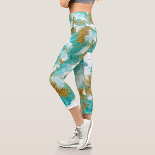 Leggings Capri Aquarelle Turquoise dorée Abstraite moderne