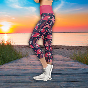 Leggings Capri Ara Parrot rouge rose dessin Tropical Leave Motif