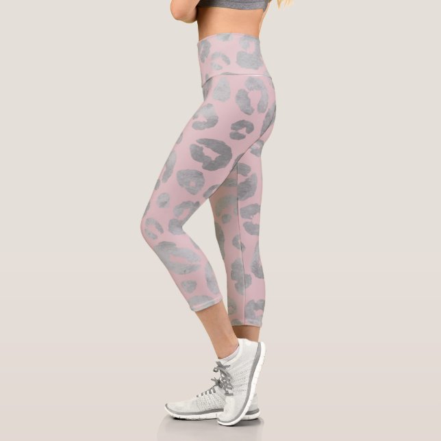 Leggings Capri Argent métallique et Rose rose Cheetah Capri Leggi (Gauche)